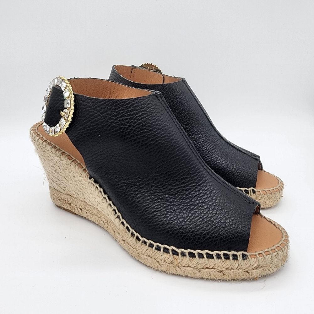 Maypol Spain Wedge Sandals Leather Black Rhinestone Buckle Size 39 or 9 - Picture 3 of 13